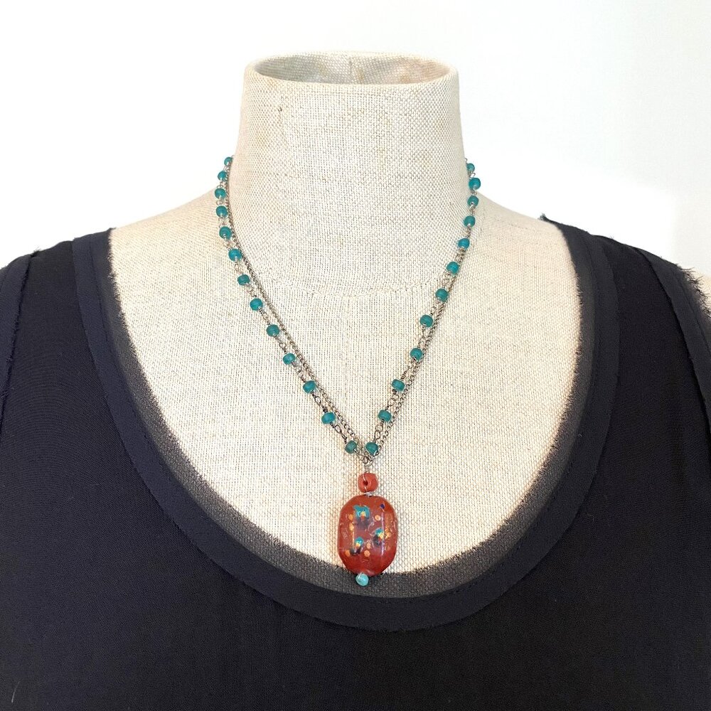 Two-layered Chain with Blue Beads and Gemstone Pendant Necklace